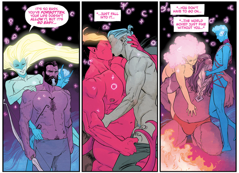 Krylos, Scotiar, and Dahvlan being seduced by forest spirits.